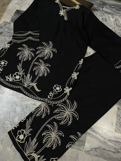 2 Pcs Women's Stitched Cotton Embroidered Shirt And Trouser by velora