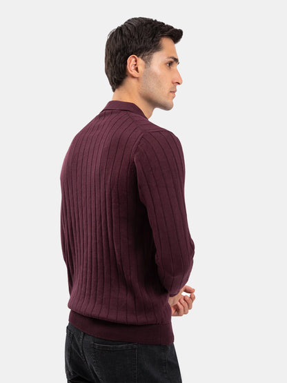 Burgundy Drop Needle Full Sleeve Flat Knit Polo