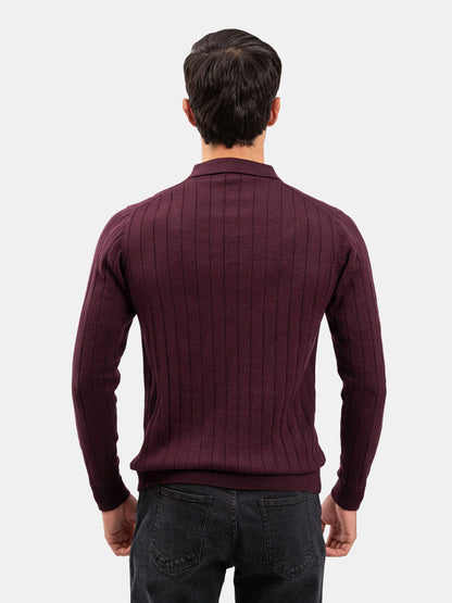 Burgundy Drop Needle Full Sleeve Flat Knit Polo