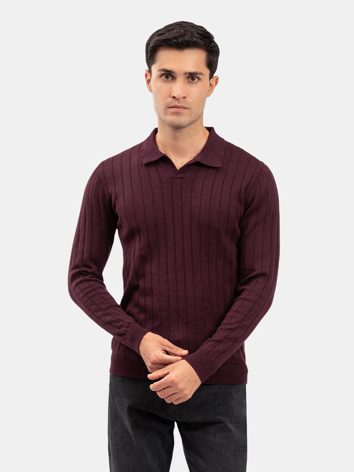 Burgundy Drop Needle Full Sleeve Flat Knit Polo